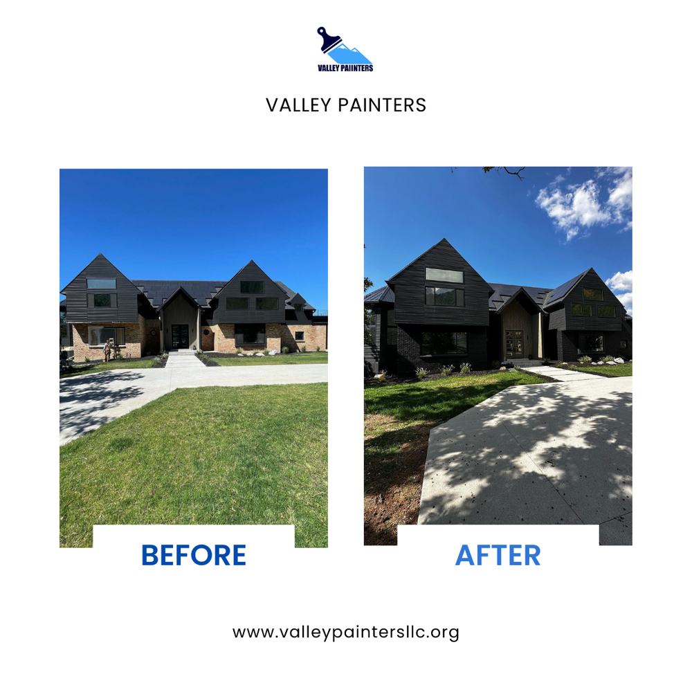 Before and after modern black exterior home repaint, Valley Painters LLC
