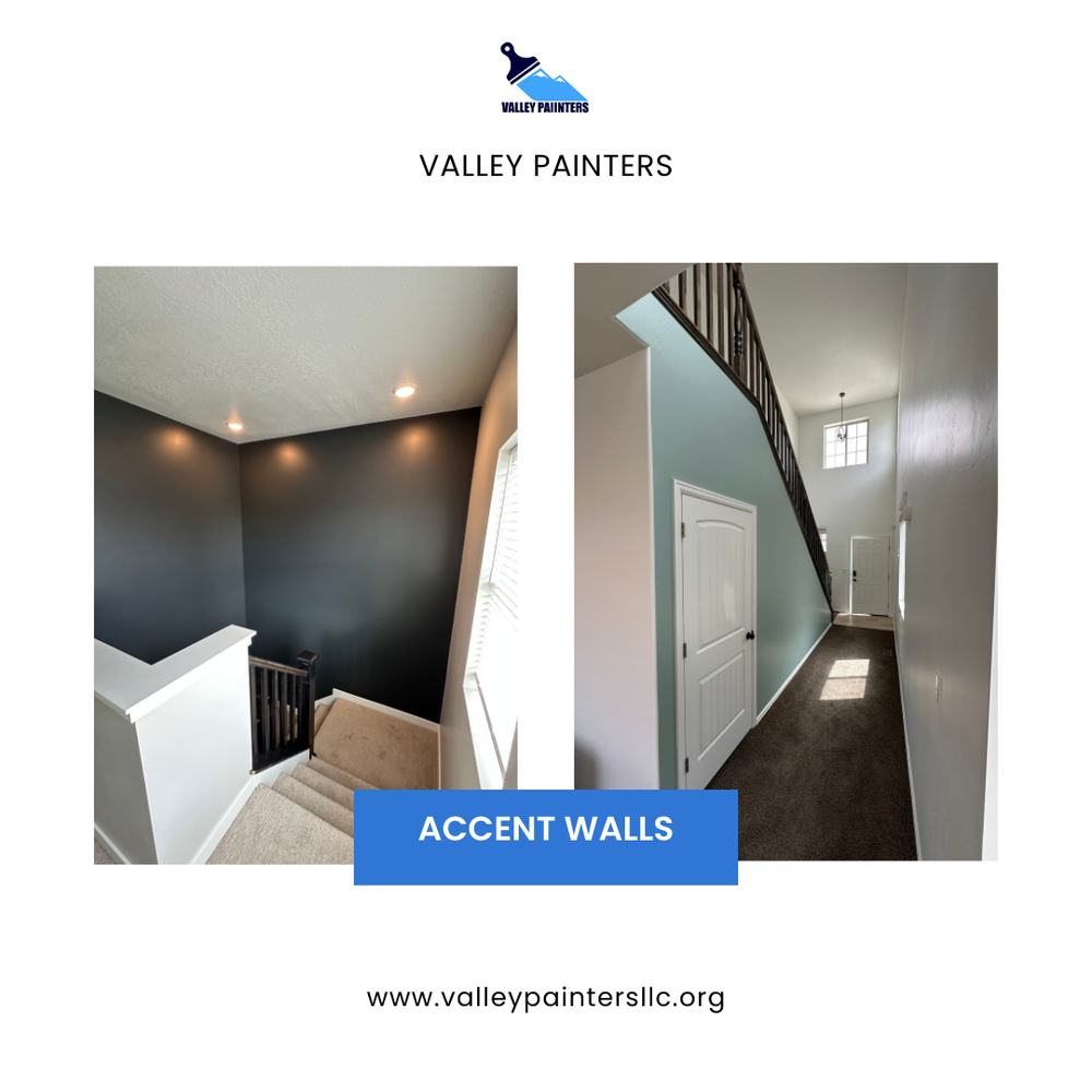 Navy and sage accent walls in stairwell and hallway, Valley Painters LLC