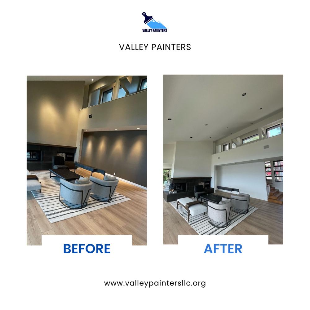 Before and after high-ceiling great room repaint