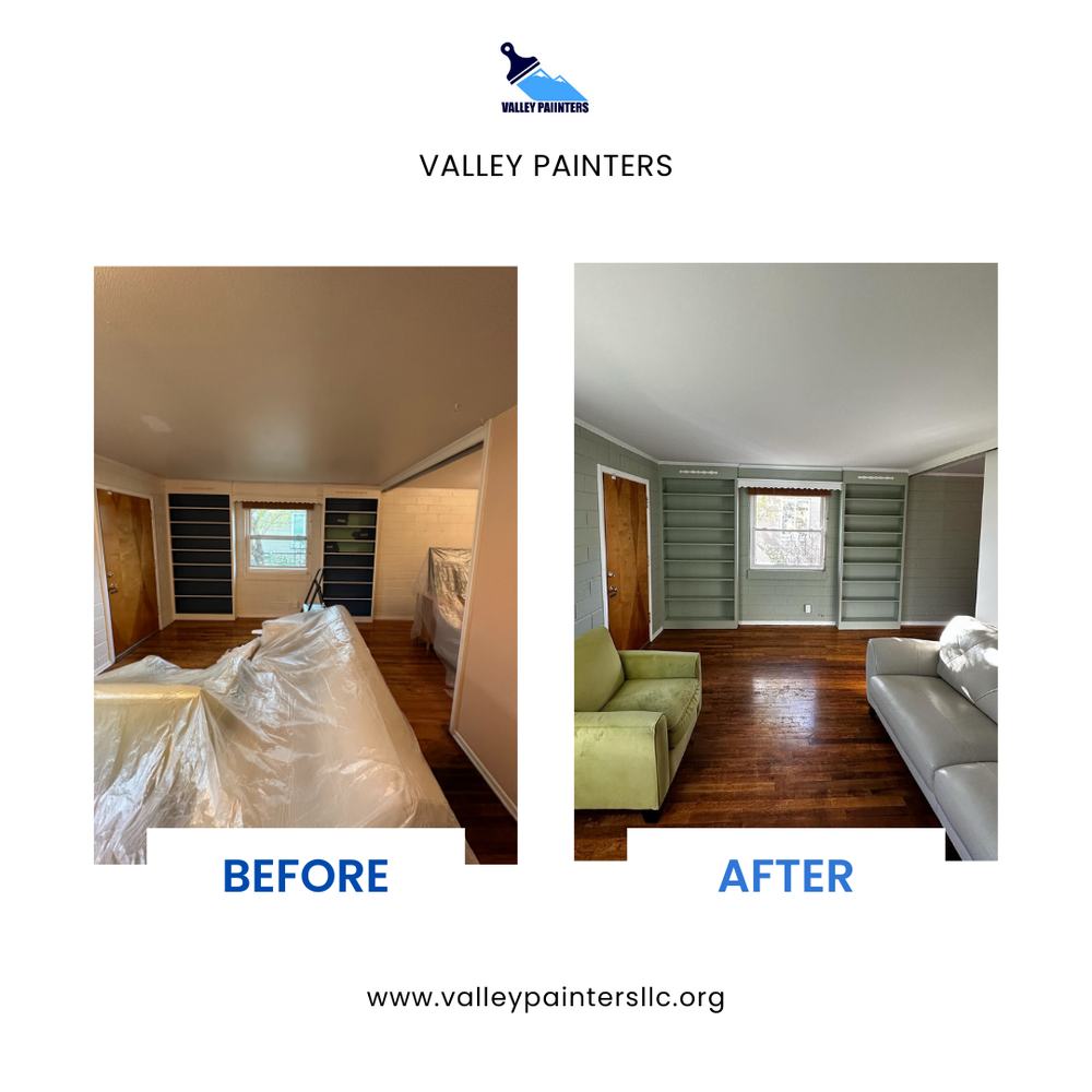 Before and after sage green built-in shelving room