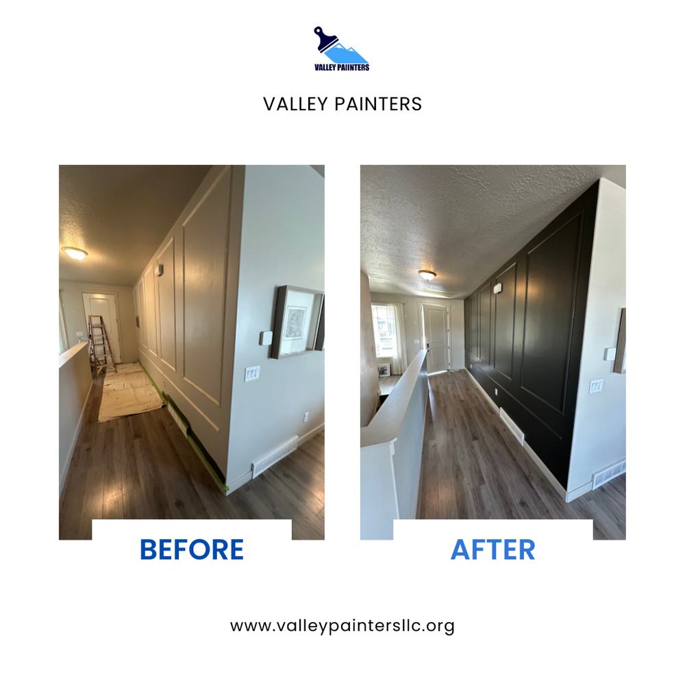 Before and after black accent wall hallway painting