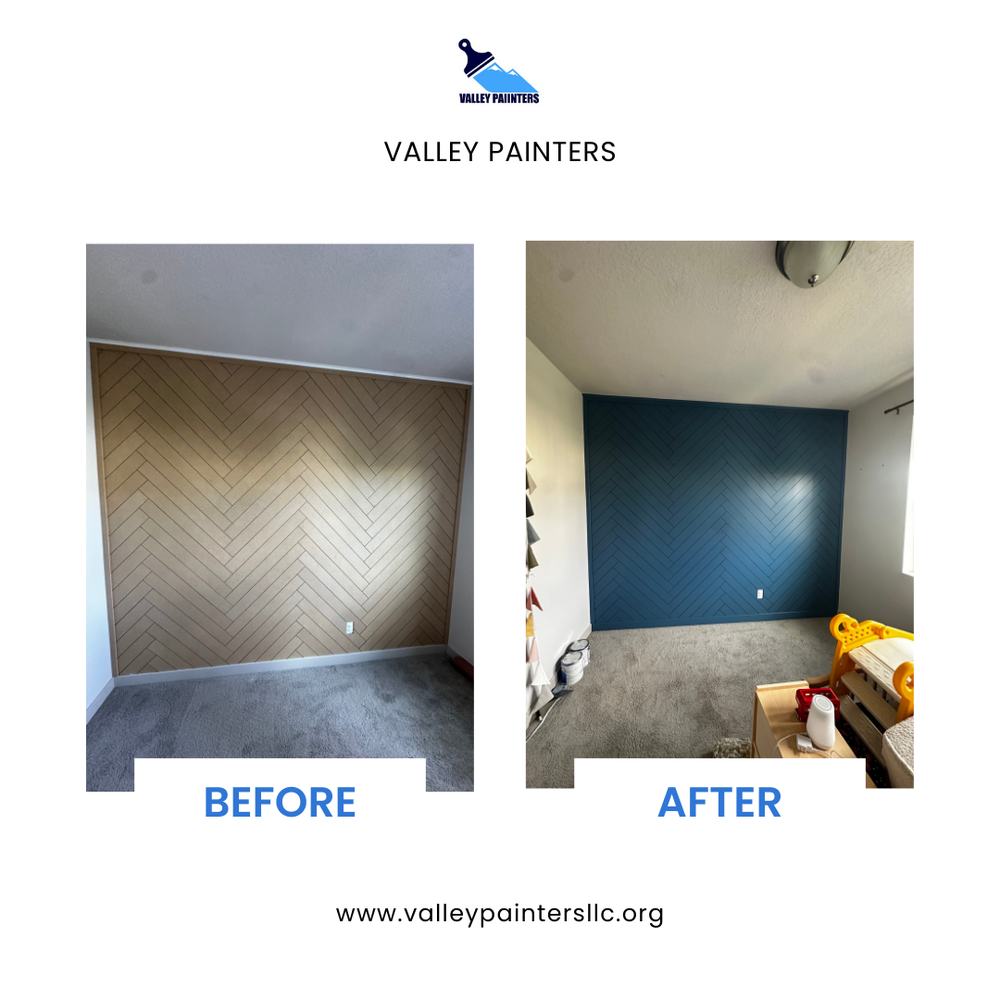 Before and after blue herringbone wood accent wall