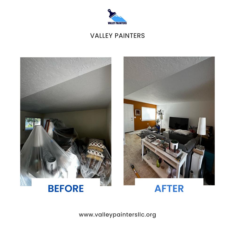 Before and after living room repaint with built-in shelving