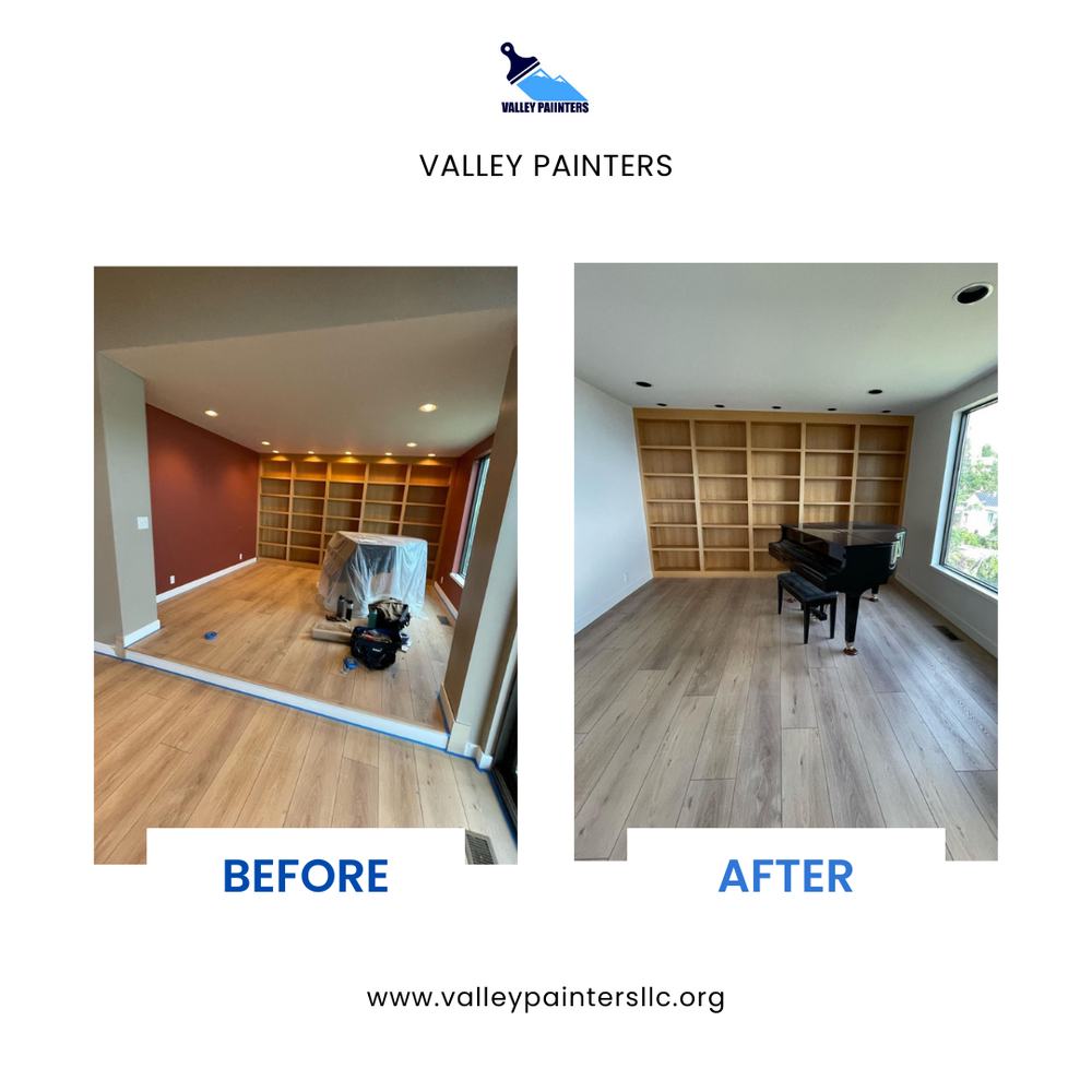 Before and after built-in bookshelf room, Valley Painters LLC